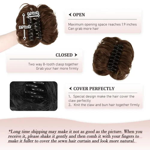 Miniatura 5 de RUWISS Extensiones de cabello con clip de garra, moño desordenado, cabello humano real, ondulado, rizado, moño, moño recogido, clip de garra, Marrón