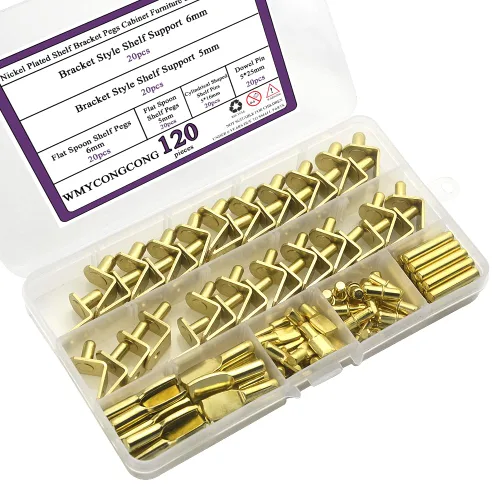 Miniatura 7 de WMYCONGCONG Juego surtido de 120 clavijas de 4 estilos, juego surtido de pasadores de estante, clavijas de metal niqueladas doradas para gabinetes