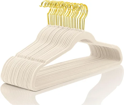 Miniatura 20 de MIZGI Perchas de terciopelo prémium (paquete de 50) resistentes y antideslizantes, perchas de terciopelo rosa rubor - ganchos dorados, perchas