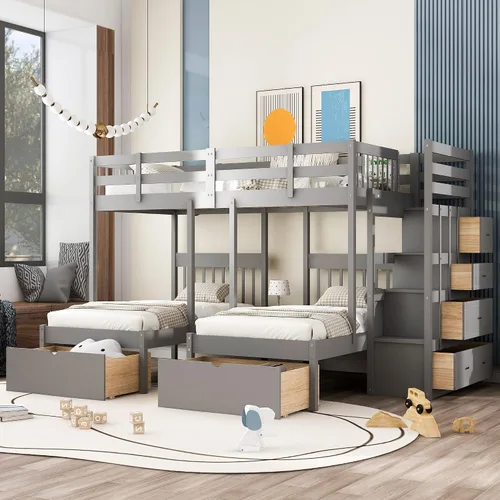 Literas de tamaño matrimonial sobre individual e individual, litera triple de madera con cajones de almacenamiento, barandillas y escalera para 3,
