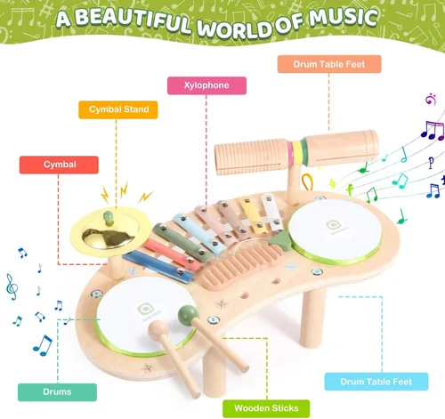 Miniatura 6 de Asweets Juego de batería 7 en 1 para niños pequeños, xilófono de madera, kit de instrumentos musicales, juego para niños pequeños, juego de batería