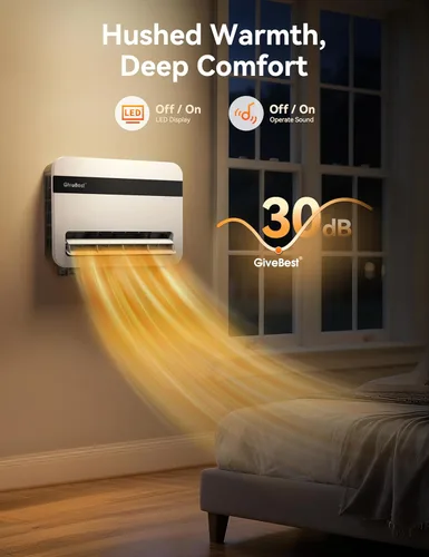 Miniatura 6 de Givebest - Calentador de pared para uso en interiores, calentador eléctrico de 1500 W, oscilación vertical de 120°, compatible con Alexa, termostato