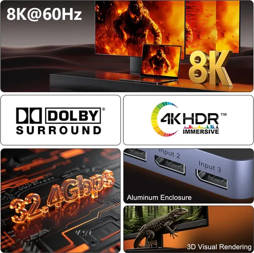 Miniatura 3 de Y.D.F Conmutador DisplayPort 8K @60Hz 3 en 1 Salida DP1.4 32.4Gbps Caja de conmutación de transferencia de datos Soporte de aluminio 4K @120Hz HDR
