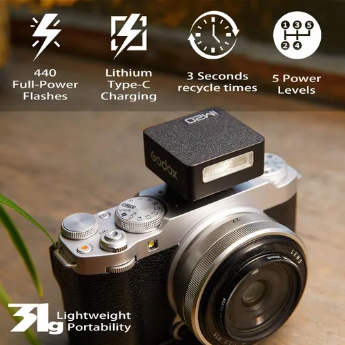 Miniatura 2 de Godox Flash de cámara iM20, carga USB C, 5 niveles, batería incorporada de 470 mAh, flash GN10/440 de potencia completa/3s tiempos