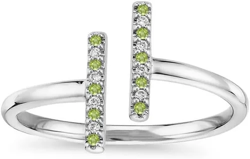 Miniatura 2 de Alternate Green Peridot & White Diamond Open T Bar Ring For Women, 14k Gold Finish Green Peridot Anniversary Open Bar Ring, Stackable Double Bar Ring