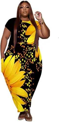 YeGine - Vestido tipo camiseta largo de talla extragrande con bolsillos y manga corta