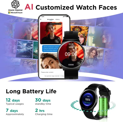 Miniatura 2 de BENIO Reloj inteligente (respuesta/hacer llamada), caras de reloj AI, AMOLED de 1.43 pulgadas con AOD, IP68 impermeable rastreador de fitness, Negro