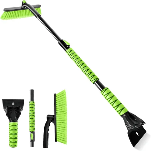 OUSHASAA - Raspador de hielo y cepillo de nieve de 44" para parabrisas de coche con extensión, giro de 360°, cabezal de cerdas suaves, empuñadura de