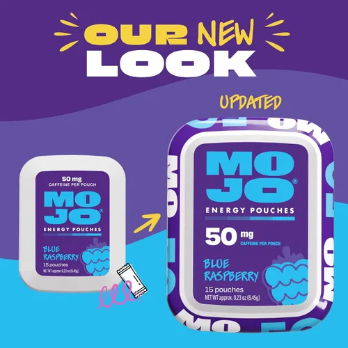 Miniatura 9 de Bolsas de energía MOJO sabor frambuesa azul, 50 mg de cafeína por bolsita, 15 bolsitas, paquete individual