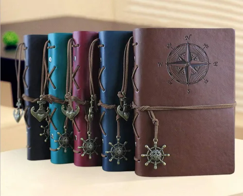 Miniatura 6 de Cuaderno de escritura de cuero, cuaderno de espiral náutico vintage, cuaderno de bocetos, diario de viaje para escribir con páginas en blanco y Negro