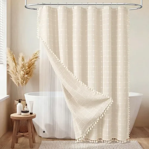 Miniatura 26 de BTTN Juego de cortinas de ducha estilo bohemio de granja con borlas, tela rústica de lino resistente, repelente al agua, cortinas de ducha gruesas A