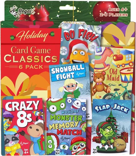 Regal Games Juegos de cartas para niños – Go Fish, Crazy 8's, Old Maid, Slap Jack, Monster Memory Match, Snowball Fight – Temática festiva, juegos