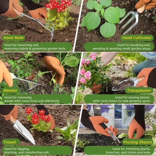 Miniatura 5 de Juego de 22 piezas de herramientas de jardín para mujeres, kit de herramientas manual resistente con bolsa grande/alfombrilla de Verde