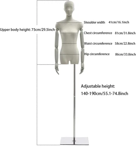Miniatura 7 de Maniquí femenino Torso Exhibición de ropa Modelo Soporte de cuerpo 55.1-74.8 pulgadas, altura ajustable para vestido, joyería, costura ropa