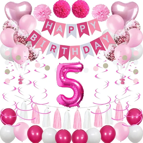 Miniatura 11 de Decoraciones de 4º cumpleaños para niñas, globos de feliz cumpleaños rosa y blanco con el número 4, suministros para fiesta de cumpleaños