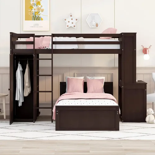 Miniatura 3 de Litera individual sobre individual con escritorio, armario y estantes, marco de cama tipo loft de madera maciza con una cama independiente, literas