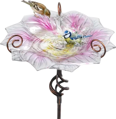 Miniatura 10 de VCUTEKA Baño para pájaros, bañeras de cristal para pájaros para exteriores, comedero de pájaros con estaca de metal, decoración de jardín, rojo