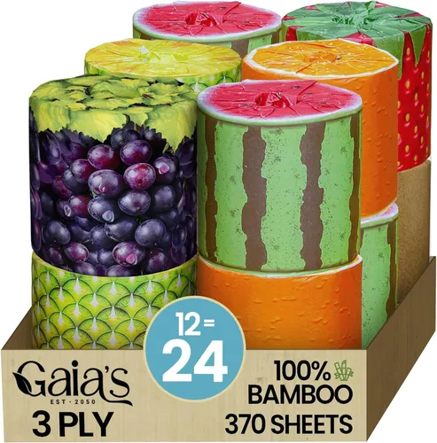 Gaia's Premium y suave papel higiénico de bambú orgánico con aroma a fruta | 12 mega rollos, 3 capas, 370 hojas | Certificado FSC, libre de PFAS y