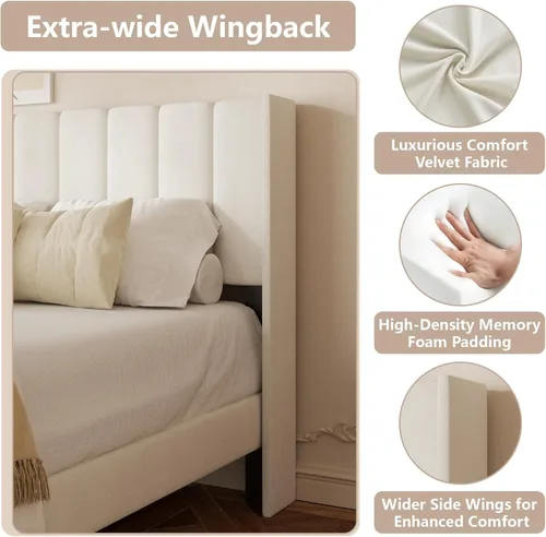 Miniatura 4 de Base de cama tamaño Queen con cabecero vertical Chanel acolchado y respaldo de alas, cama de plataforma tapizada, listones de madera fuertes, fácil