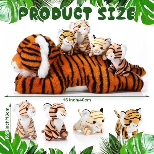 Miniatura 2 de Threan - Juego de 5 juguetes de peluche de tigre, de 16 pulgadas, mamá tigre con 4 cachorros en vientre con cremallera, peluches de regreso a