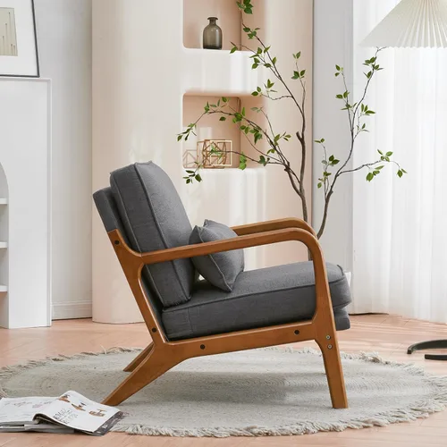 Miniatura 8 de BIVVI Modern Accent Chair Armchair with Oak Armrest, Upholstered Single Lounge Chair Comfy Linen Reading Vanity Living Room Chairs Sofa Chair,Indoor