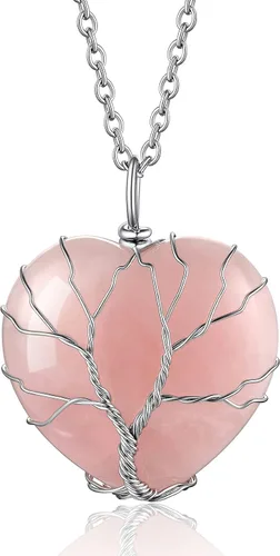 Bestyle Collar de cristal curativo envuelto en árbol de la vida, colgante de piedra natal de 12 meses para parrillas de mujer, joyería de piedras