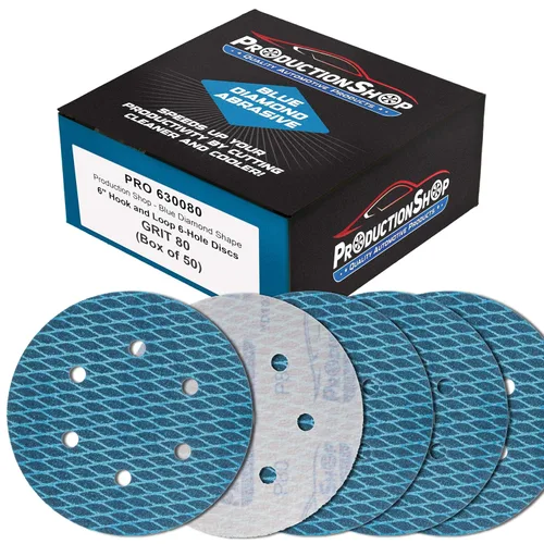 ProductionShop Premium - Discos de lijado azules con forma de rombo de grano 80 de 6 pulgadas, 6 agujeros, caja de 50 – Papel de lija sin polvo de