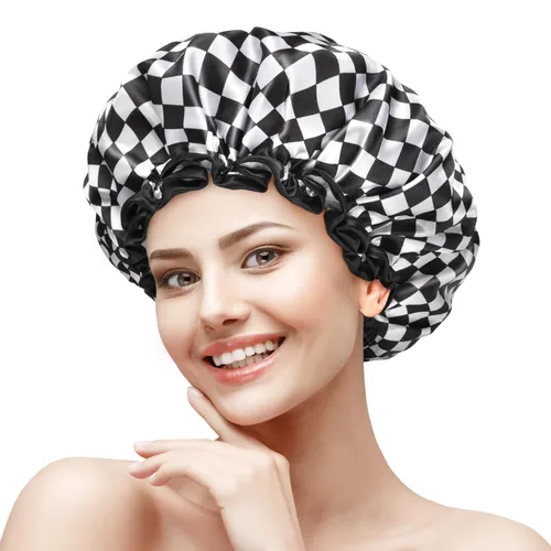 mikimini Gorro de ducha para mujeres y niñas, elegante diseño de tablero de ajedrez, doble capa, impermeable, reutilizable, lavable, sin olor,