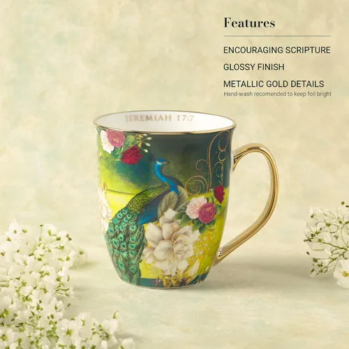 Miniatura 3 de Taza de café de cerámica azul pavo real de Christian Art Gifts con acentos dorados – Taza de 14 oz. libre de plomo y cadmio, taza inspiradora