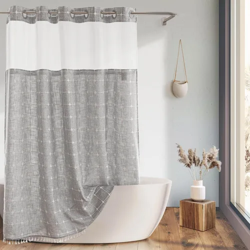 Miniatura 8 de Cortina de ducha River Dream de estilo granja gris con forro a presión, no necesita ganchos, con imanes, con borlas, repele el agua y es lavable a