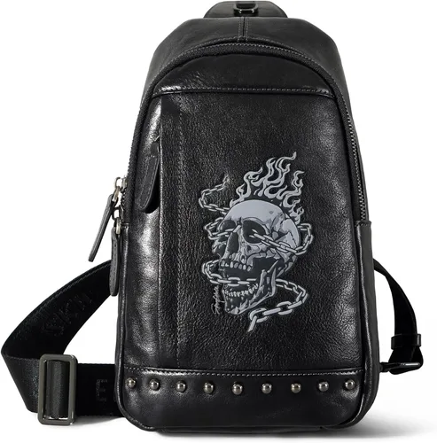Bolso bandolera pequeño de cuero genuino para hombres Crossbody, bolso negro de hombro de calavera para hombre, mochila de una sola correa, Negro -