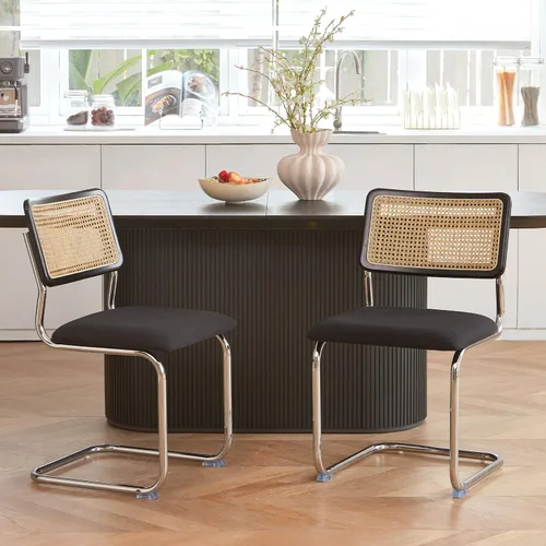 GrandNoor Juego de 2 sillas de comedor de ratán negro con cromo, sillas de cocina de madera modernas de mediados de siglo, sillas de comedor de