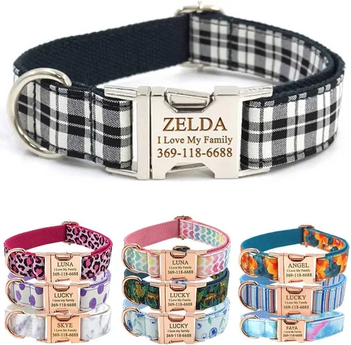 PETDURO Collar Personalizado para Perro A cuadros Negro Blanco con Nombre y Teléfono Grabados en Hebilla de Metal Plateado para Perros Grandes,