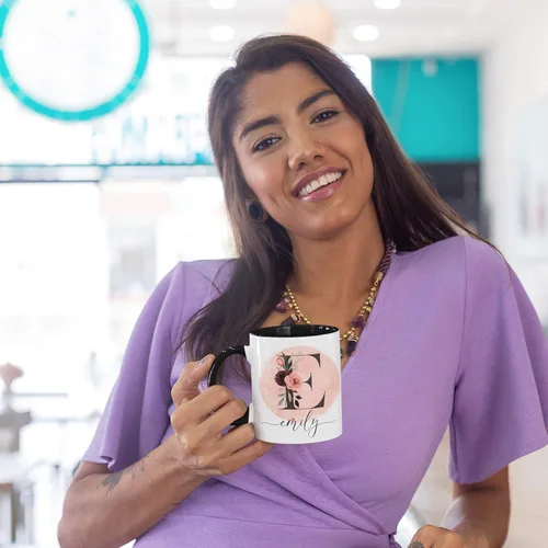 Miniatura 5 de Taza de café personalizada con letra inicial de nombre, doble cara, color negro, de 11 o 15 onzas, taza de cerámica personalizada, regalos