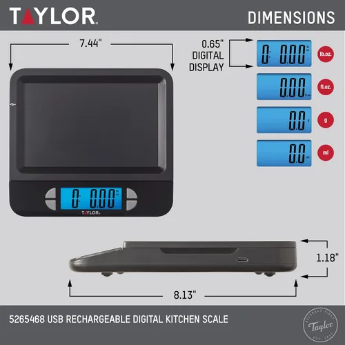 Miniatura 2 de Taylor Báscula digital recargable por USB para cocina y alimentos, capacidad de 11 libras con bandeja apta para lavavajillas, cable incluido Negro