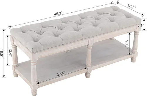 Miniatura 7 de Banco de Almacenamiento Capitoné de Mediados de Siglo con Estante, Banco Otomán Tapizado en Lino Estilo Granja para Entrada/Zapatos con Asiento