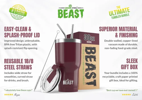 Miniatura 2 de Beast Vaso Térmico de 30 oz de Acero Inoxidable con Aislamiento al Vacío para Café y Hielo de Doble Pared Termo de Viaje (Rojo Arándano)