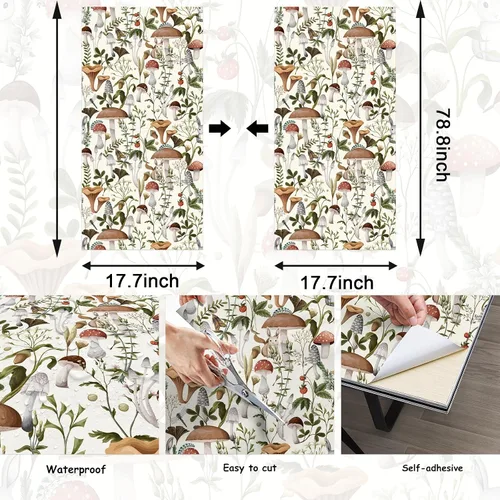 Miniatura 3 de Papel tapiz de hongos para despegar y pegar, estilo bohemio, 17.7 x 78.8 pulgadas, autoadhesivo, extraíble, papel de pared removible, papel