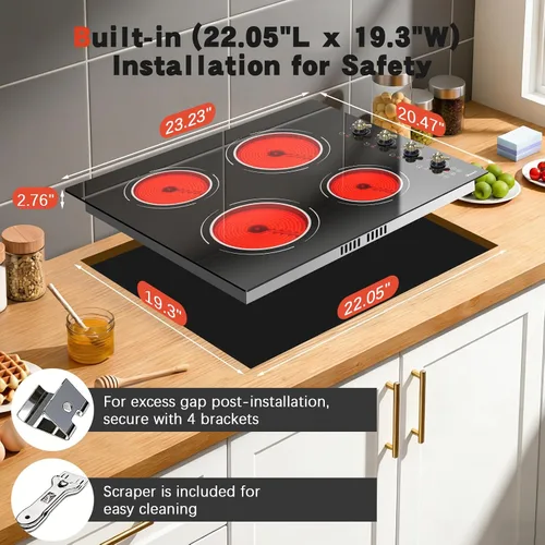 Miniatura 6 de Placa de cocina eléctrica de 24 pulgadas - 4 quemadores, encimera integrada de vidrio y cerámica, 6000W, 220V, estufa eléctrica radiante, 9 niveles