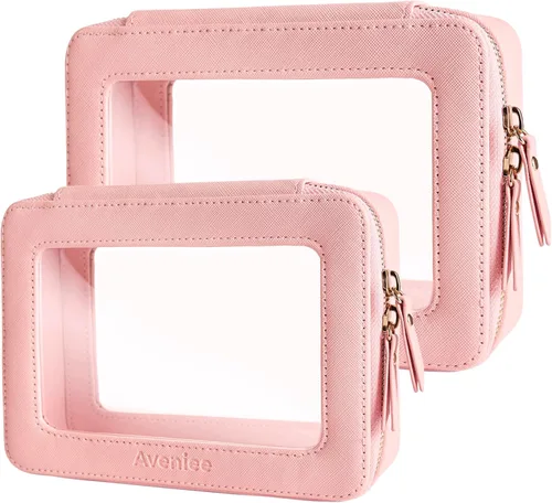 Miniatura 12 de Aveniee Organizador de bolsa de maquillaje transparente, bolsa de aseo de viaje para mujer, bolsa de cosméticos impermeable con cremalleras, Rosa