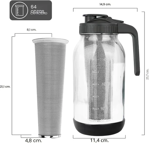 Miniatura 6 de Cafetera de café frío, jarra de frasco Mason con filtro de acero inoxidable, tapa con mango y pico vertedor, vidrio resistente hermético y a prueba