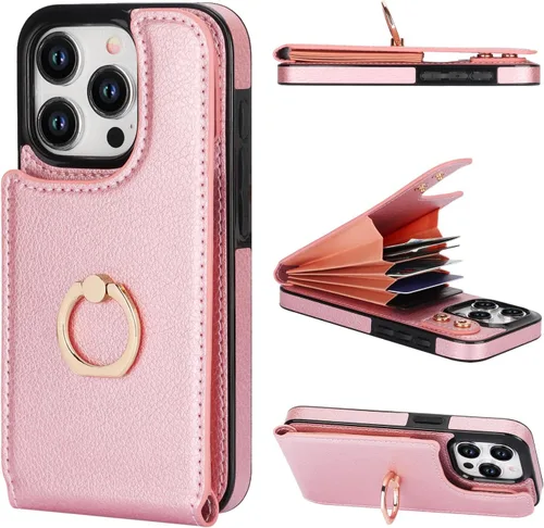 Miniatura 12 de Folosu Funda compatible con iPhone 15 Pro con soporte para tarjetas, rotación de 360°, soporte de anillo de dedo con función atril, bloqueo RFID