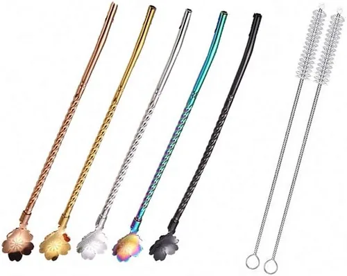 Miniatura 13 de 7 popotes de metal para beber con 2 cepillos de limpieza de 8.5 pulgadas, cuchara de barra reutilizable para café helado, bebida congelada, batidos