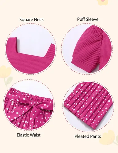 Miniatura 46 de DONWEN Conjunto de 3 piezas de ropa para niñas pequeñas y niñas con cuello cuadrado + pantalones elegantes + diadema para primavera y verano