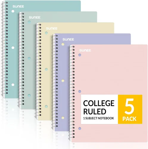 SUNEE Cuadernos de espiral, 1 materia, paquete de 5, papel rayado universitario, 8 x 10-1/2 pulgadas, 70 hojas por cuaderno, papel perforado de 3