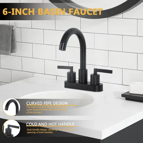 Miniatura 5 de KINGO HOME Grifo de lavabo de baño negro mate, grifo de baño en cascada de 2 o 3 agujeros, grifos centrales de 4 pulgadas, 2 manijas de tocador