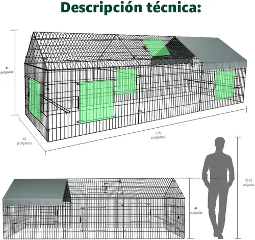 Miniatura 5 de PawGiant Gallinero Corral para Pollos para Patio con Cubierta 130"×40"×40" Tractor de Pollos Portátil de Metal Exterior Jaula Recinto Caja Afuera