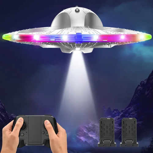 Dron UFO de espuma para niños – Avión RC con luces LED coloridas, helicóptero de control remoto con vuelo estacionario automático, 2 baterías (15