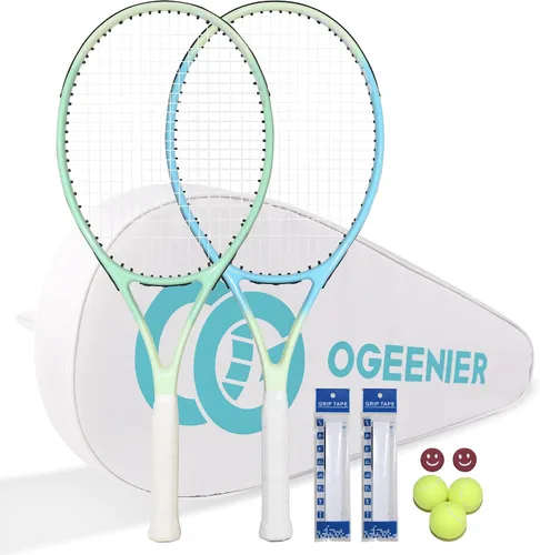Miniatura 8 de OGEENIER Juego de 2 raquetas de tenis para adultos, 27 pulgadas preencordadas para principiantes, juego de raquetas de tenis de aluminio ligeras
