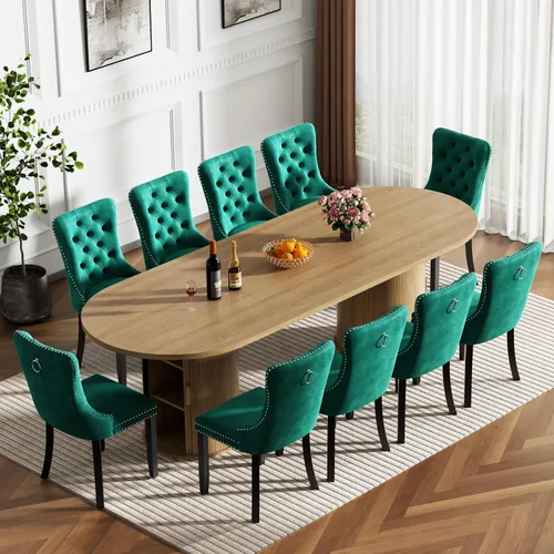 Miniatura 37 de Mesa de comedor redonda extensible con base de almacenamiento, mesa de comedor expandible natural de 63 a 94 pulgadas para 10 personas, mesa